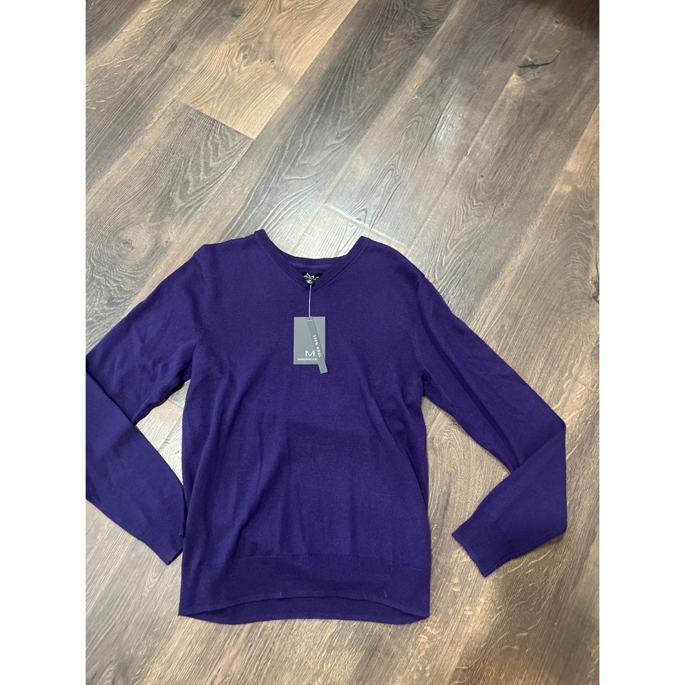Magaschoni Purple 100% Wool V-Neck Sweater NWT Mens‎ XS Long Sleeve Knit Top